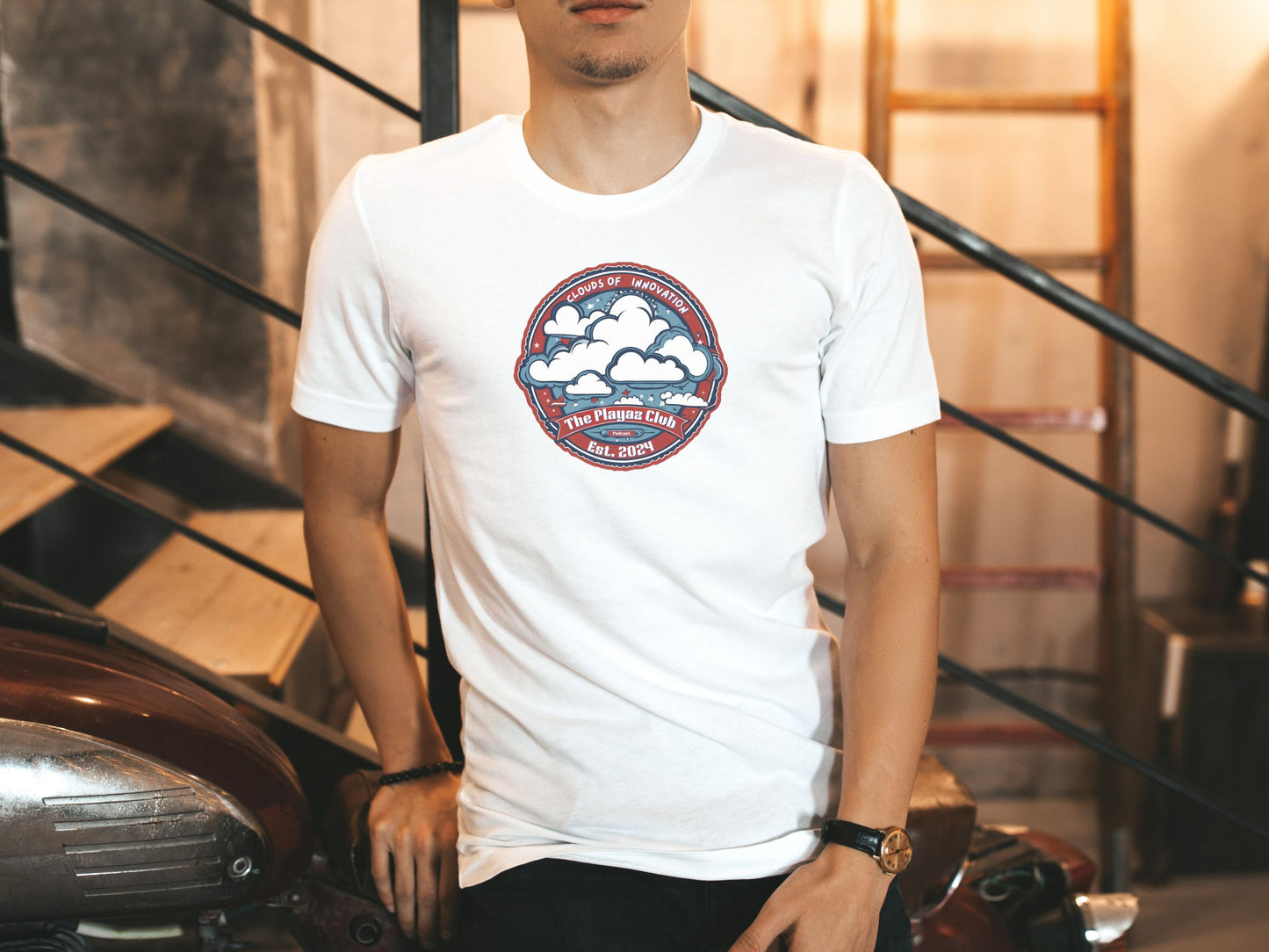Inspirational Cloud Art Tee – Clouds of Innovation by The Playaz Club Podcast T-shirt – Creative Inspiration for Artists and Thinkers